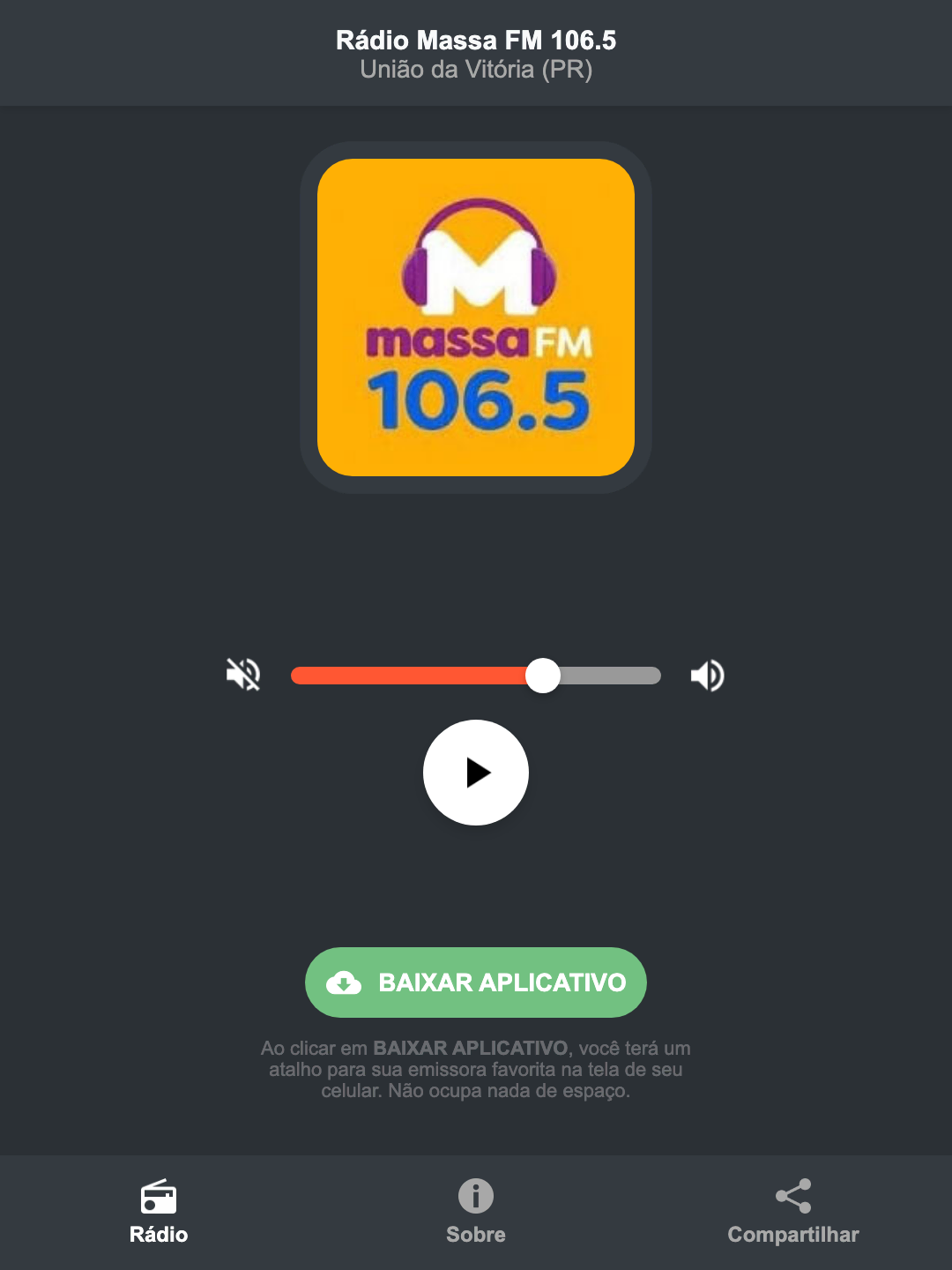 Screenshot do aplicativo da Rádio Massa FM 106.5
