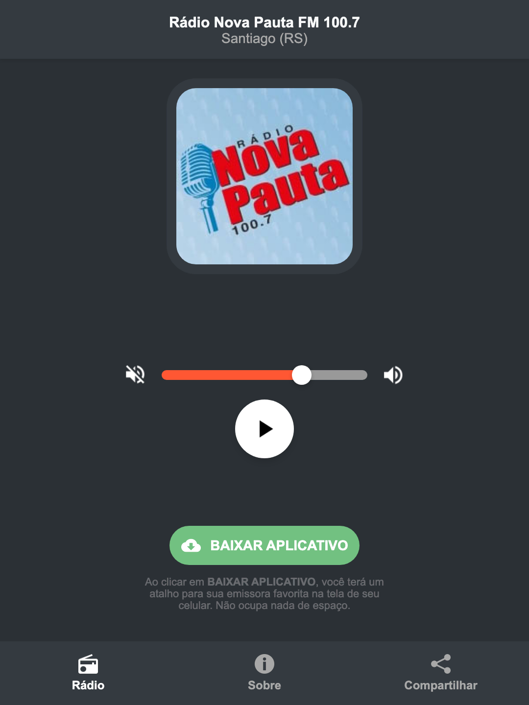 Screenshot do aplicativo da Rádio Nova Pauta FM 100.7