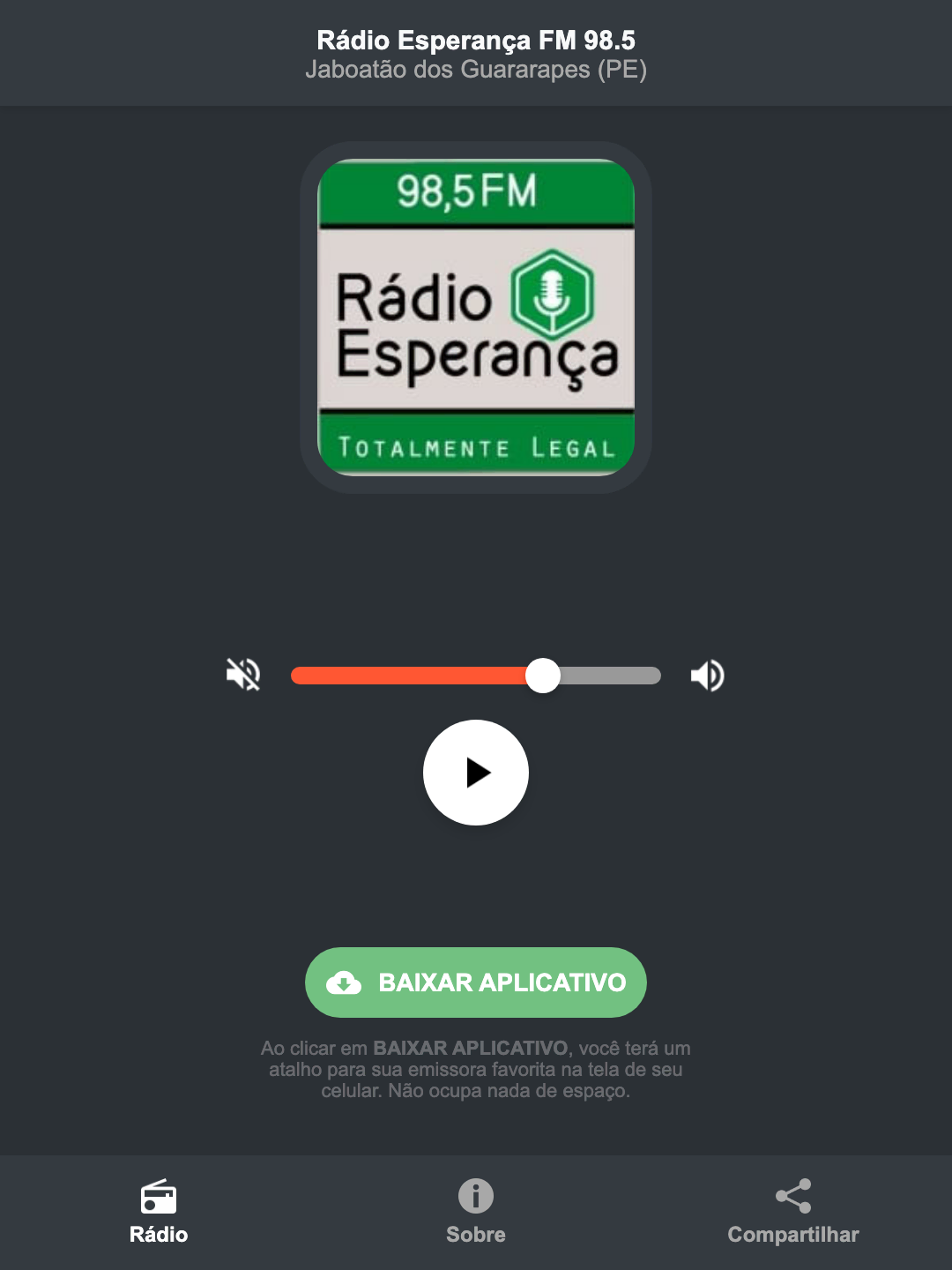 Screenshot do aplicativo da Rádio Esperança FM 98.5