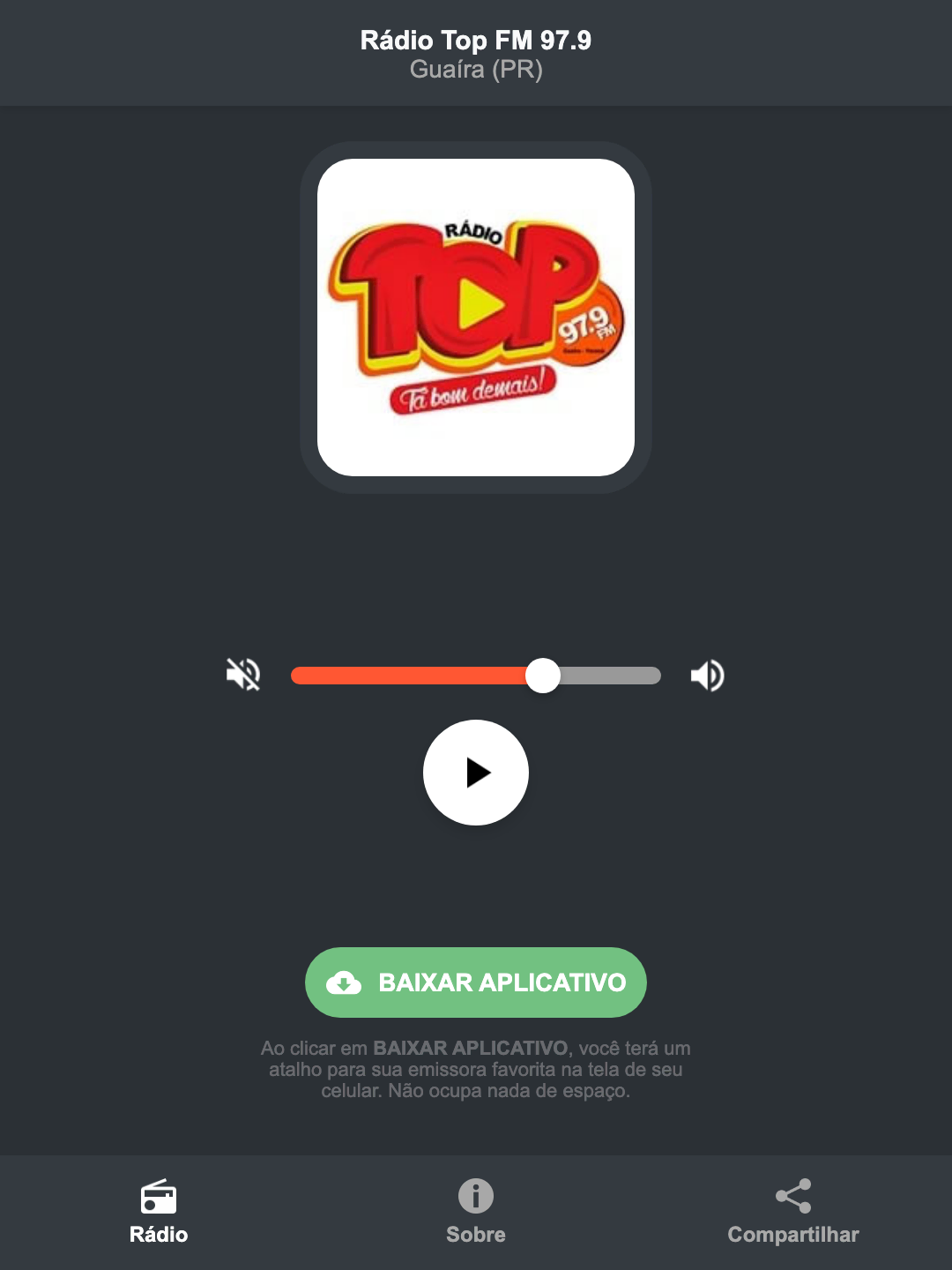 Screenshot do aplicativo da Rádio Top FM 97.9