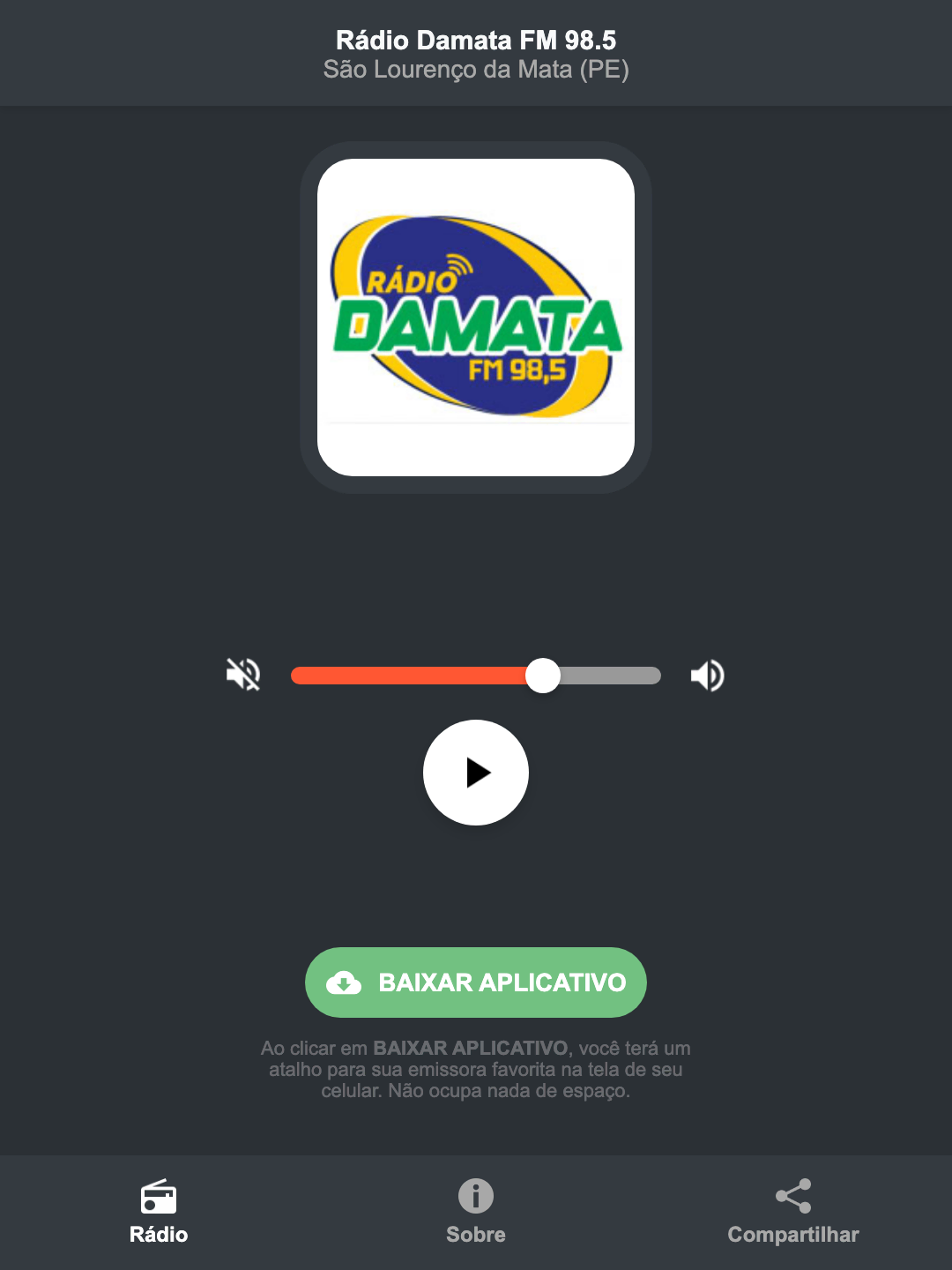 Screenshot do aplicativo da Rádio Damata FM 98.5