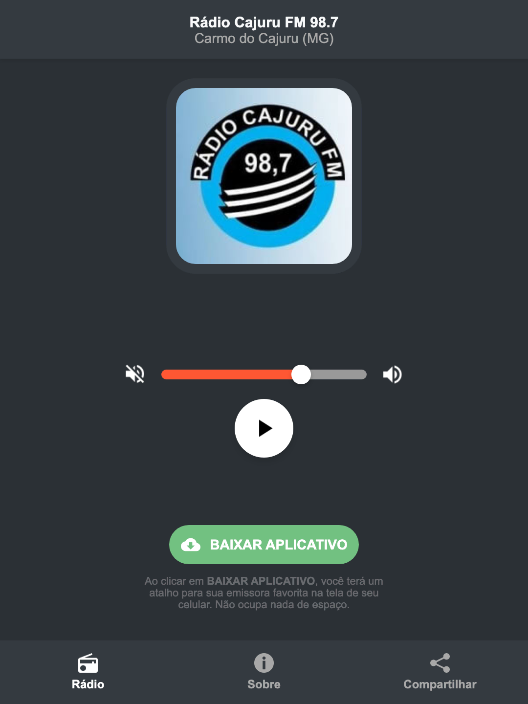 Screenshot do aplicativo da Rádio Cajuru FM 98.7
