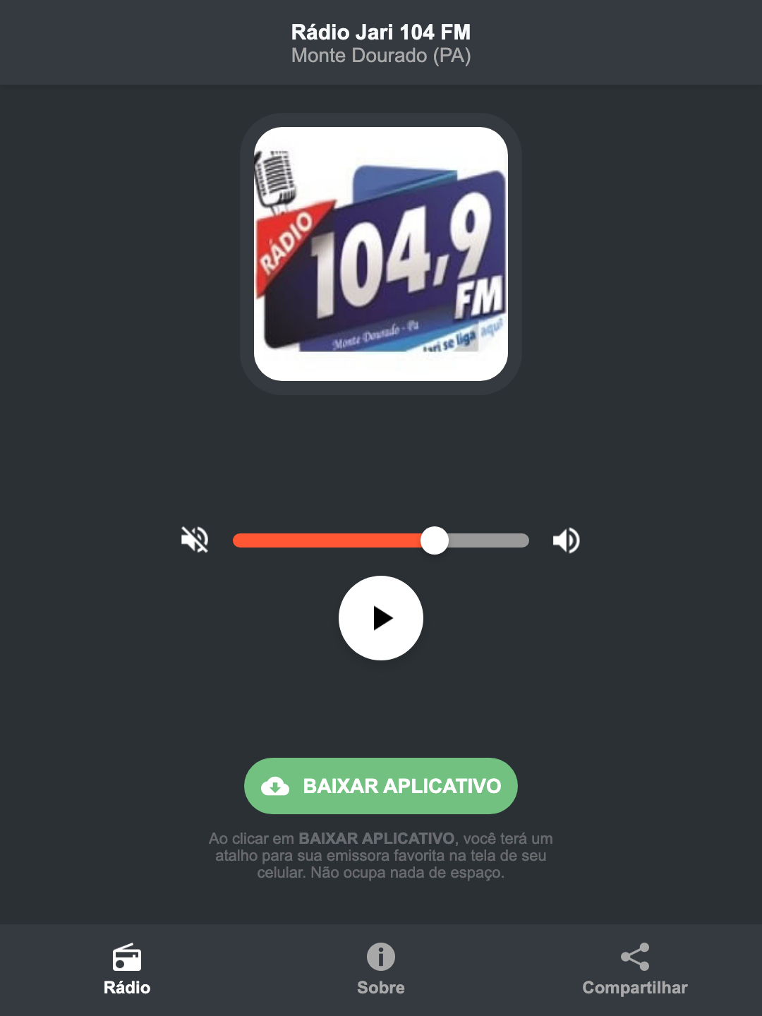Screenshot do aplicativo da Rádio Jari 104 FM