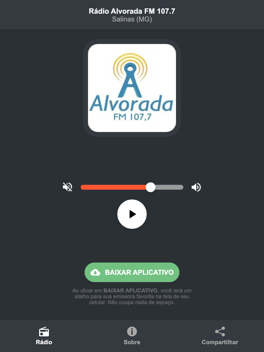 Screenshot do aplicativo da Rádio Alvorada FM 107.7