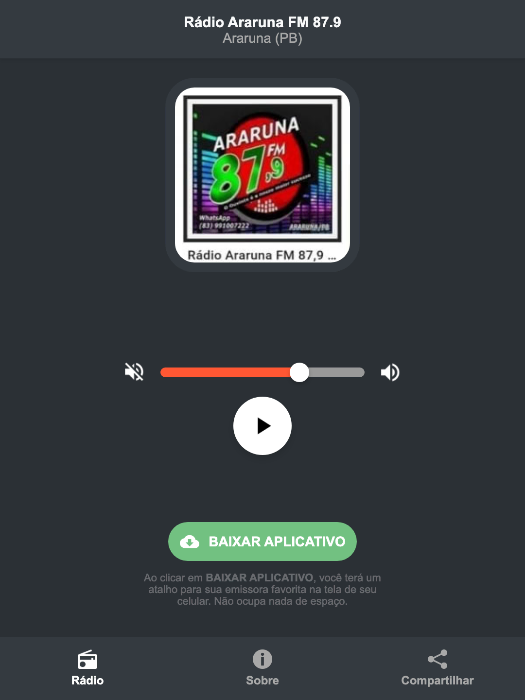 Screenshot do aplicativo da Rádio Araruna FM 87.9