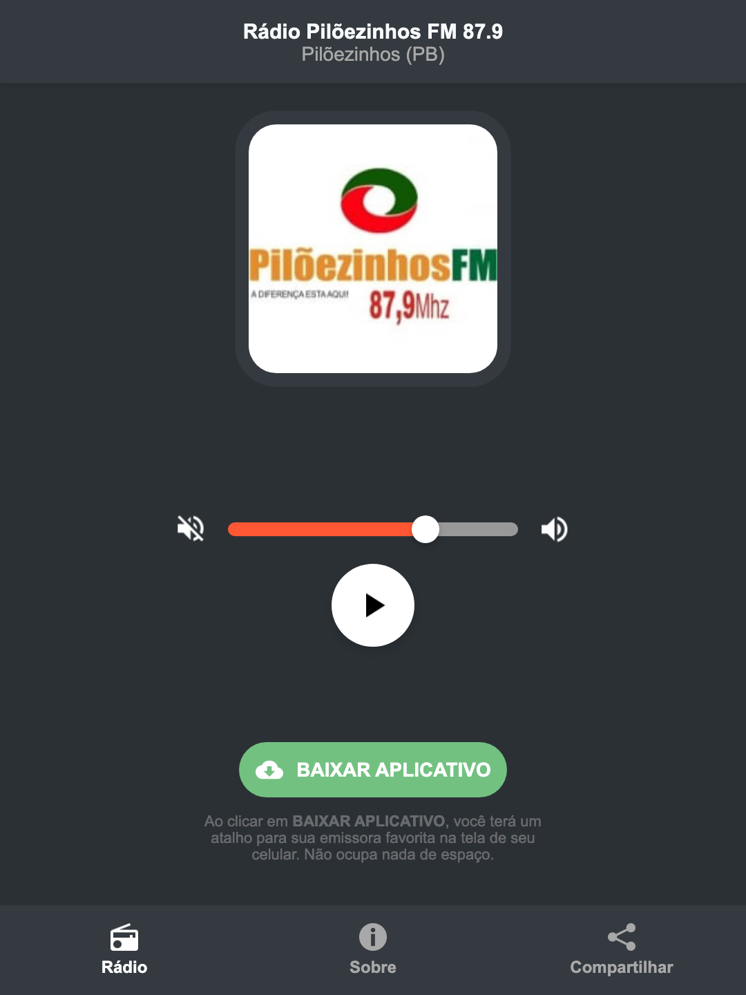 Screenshot do aplicativo da Rádio Pilõezinhos FM 87.9