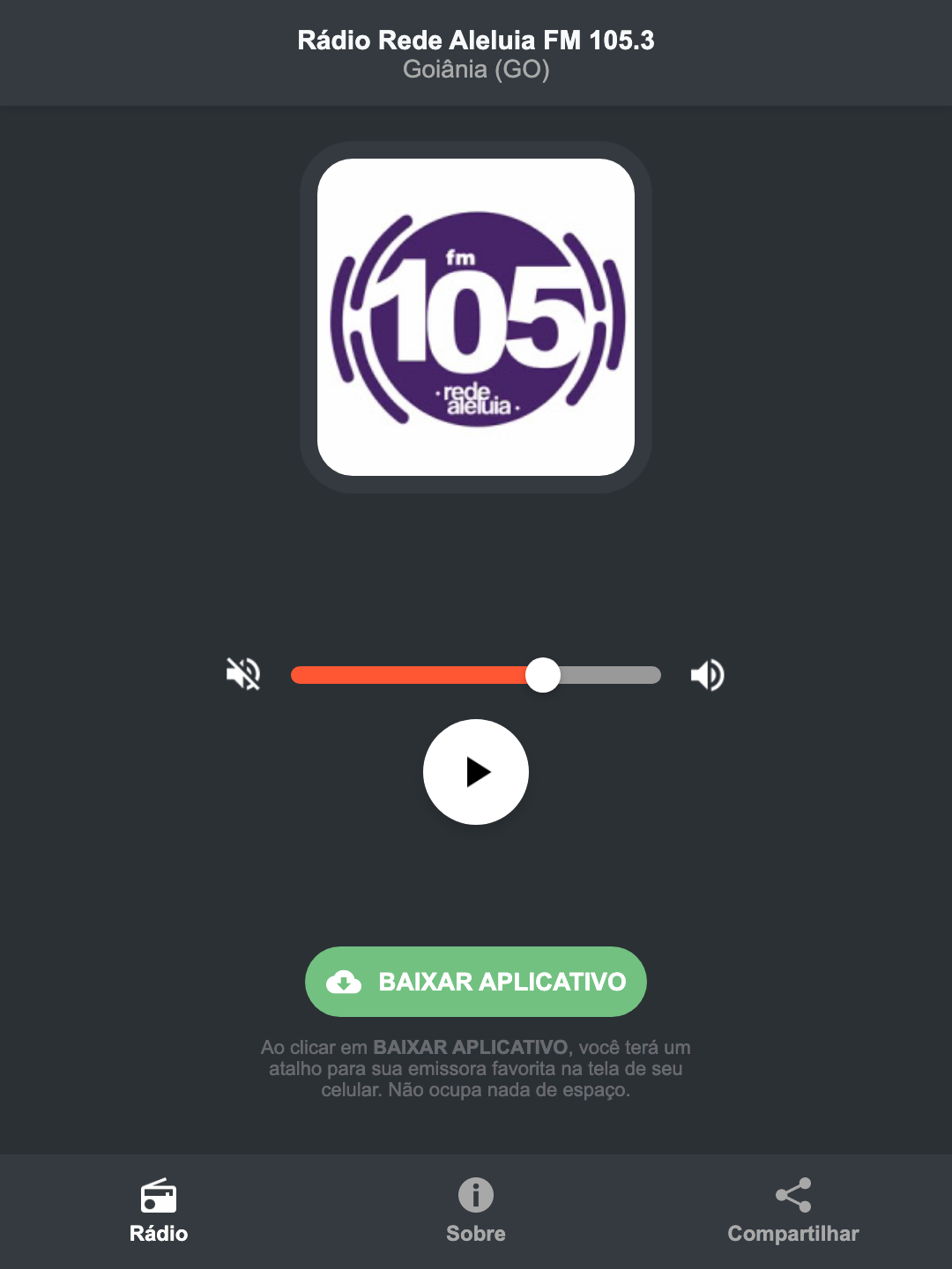 Screenshot do aplicativo da Rádio Rede Aleluia FM 105.3