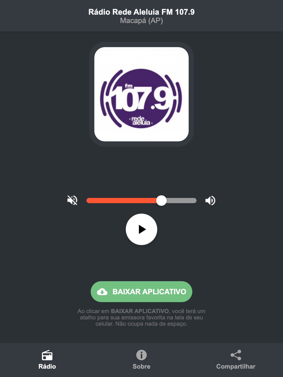 Screenshot do aplicativo da Rádio Rede Aleluia FM 107.9