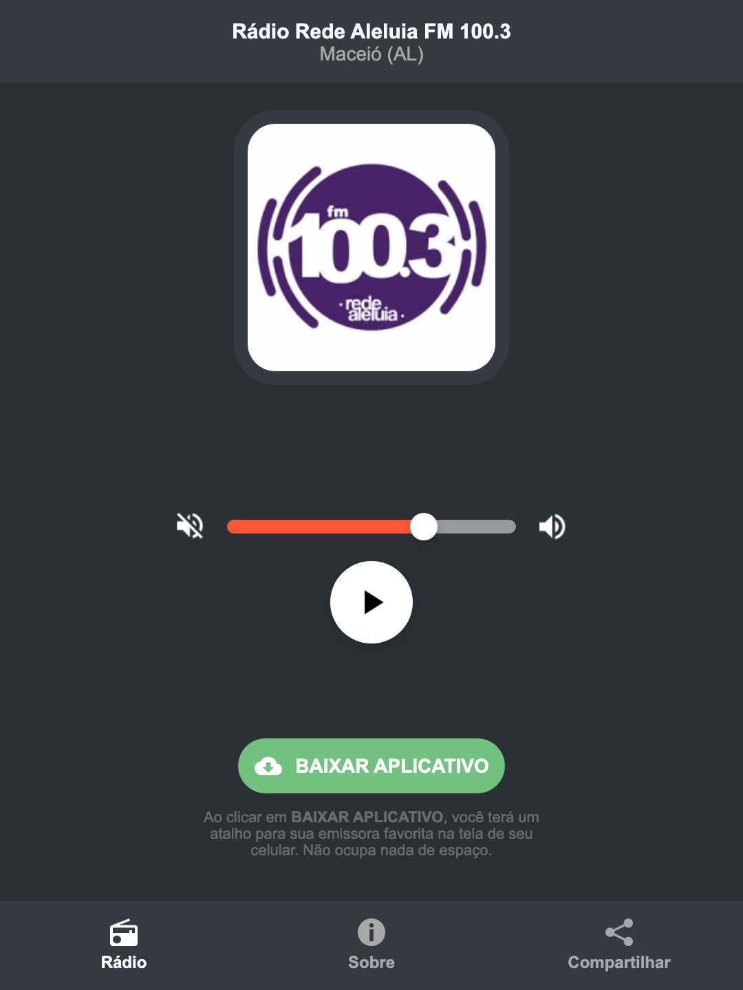Screenshot do aplicativo da Rádio Rede Aleluia FM 100.3