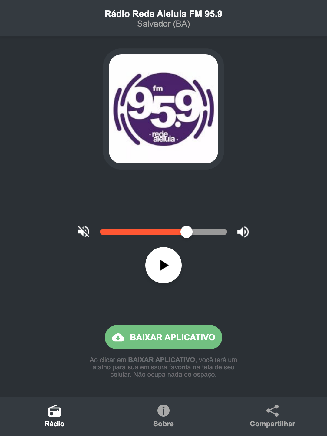 Screenshot do aplicativo da Rádio Rede Aleluia FM 95.9