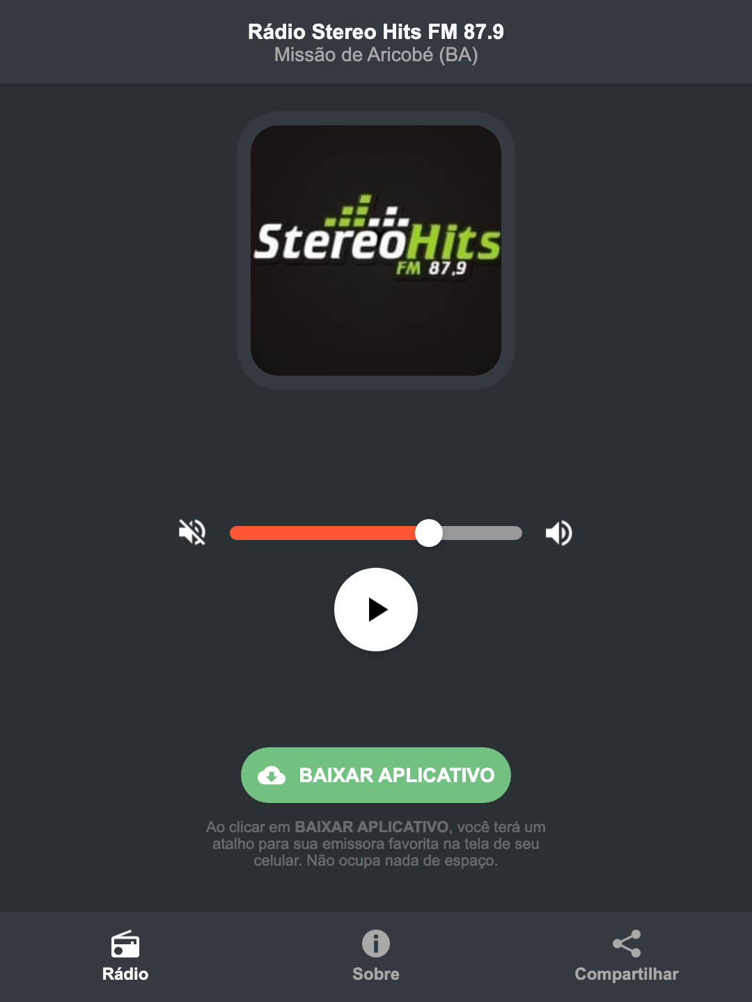 Screenshot do aplicativo da Rádio Stereo Hits FM 87.9