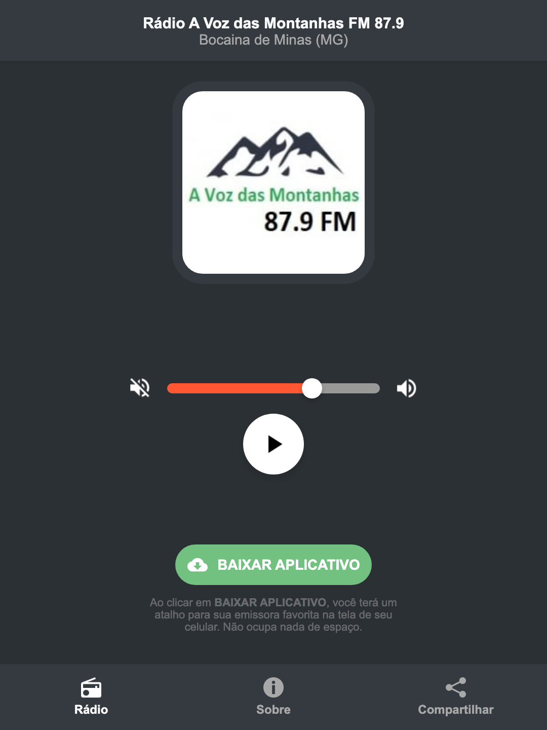 Screenshot do aplicativo da Rádio A Voz das Montanhas FM 87.9
