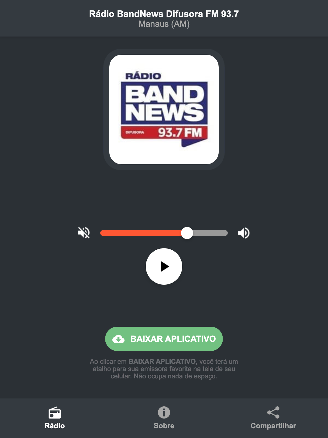 Screenshot do aplicativo da Rádio BandNews Difusora FM 93.7