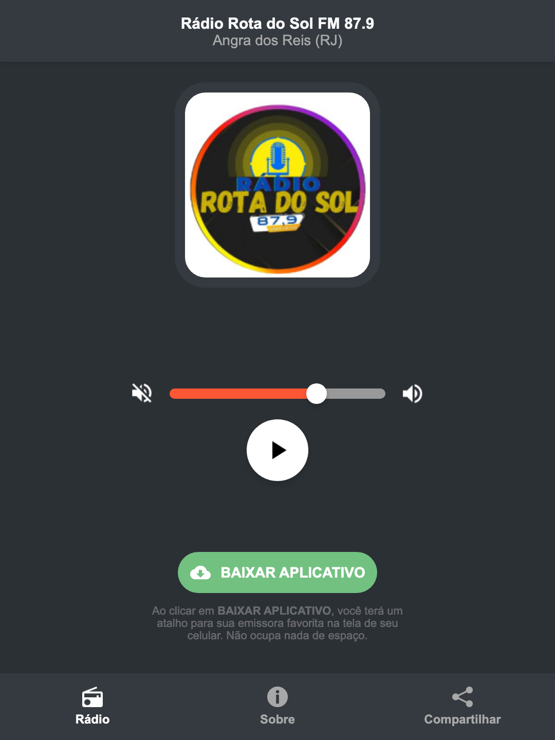 Screenshot do aplicativo da Rádio Rota do Sol FM 87.9