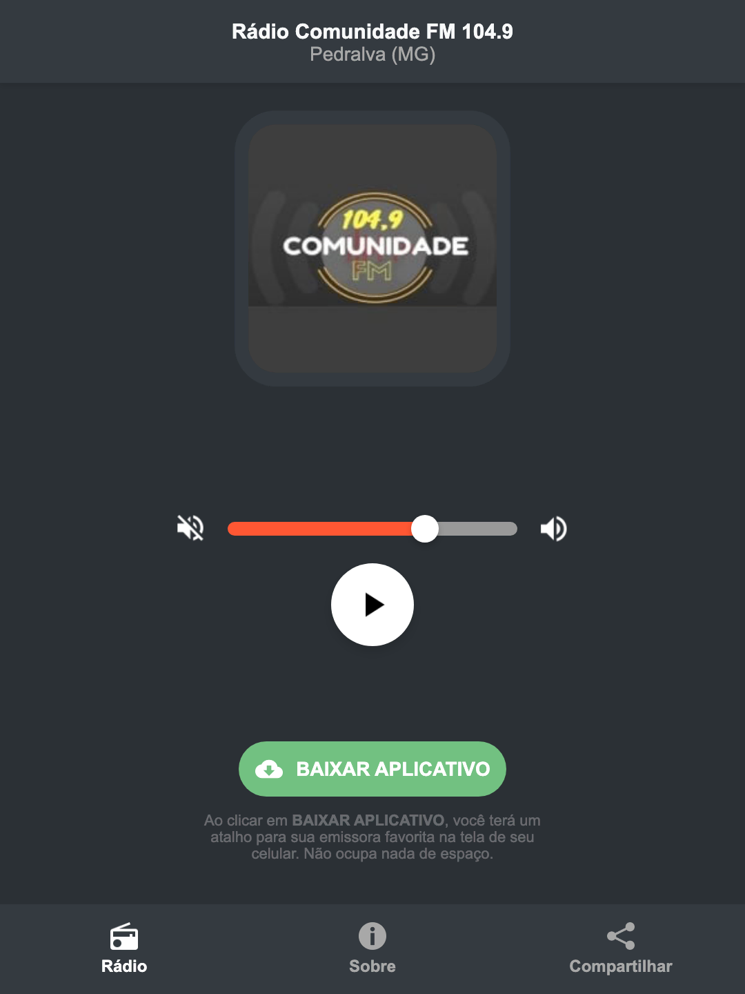 Screenshot do aplicativo da Rádio Comunidade FM 104.9