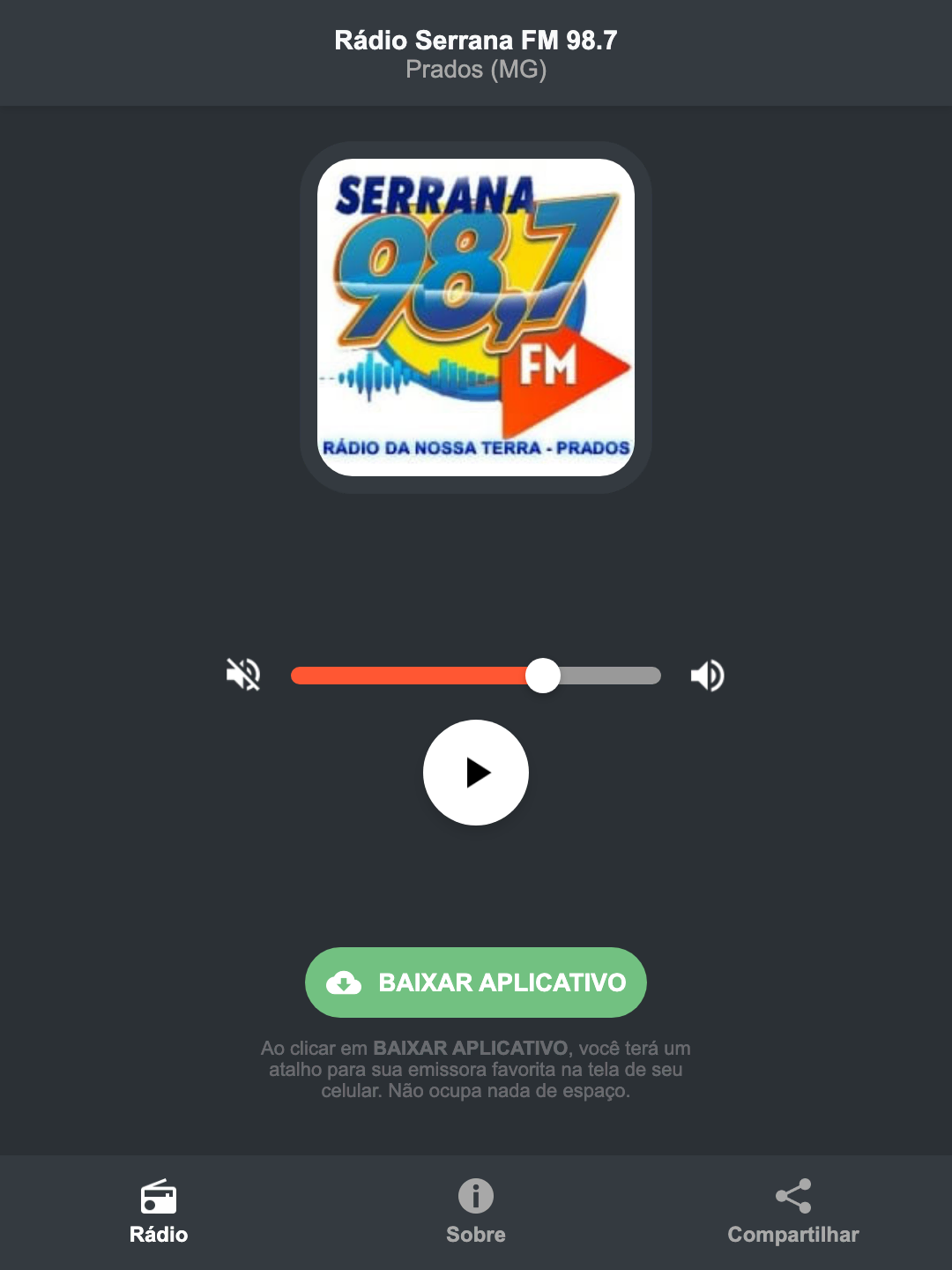 Screenshot do aplicativo da Rádio Serrana FM 98.7