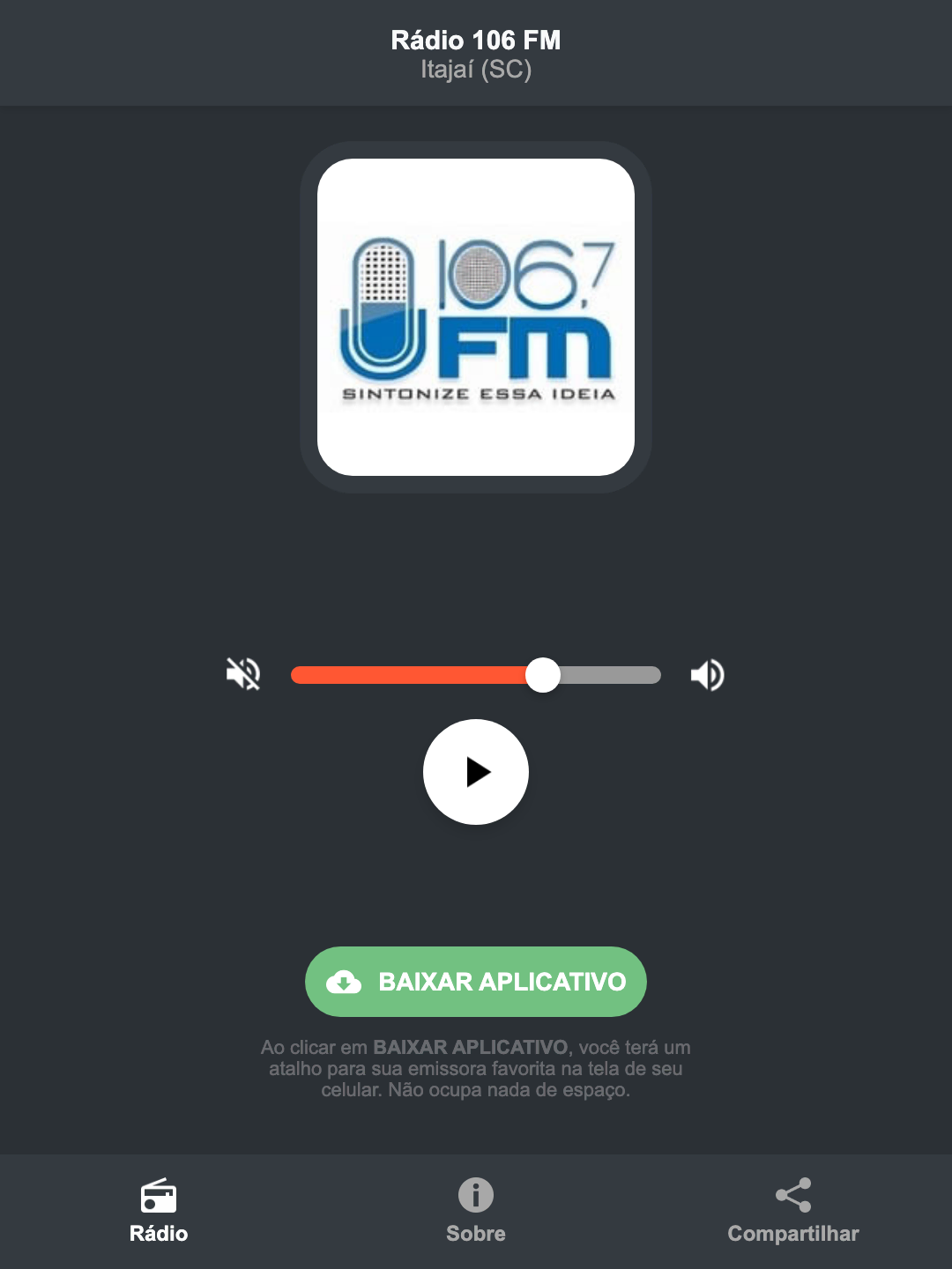 Screenshot do aplicativo da Rádio 106 FM