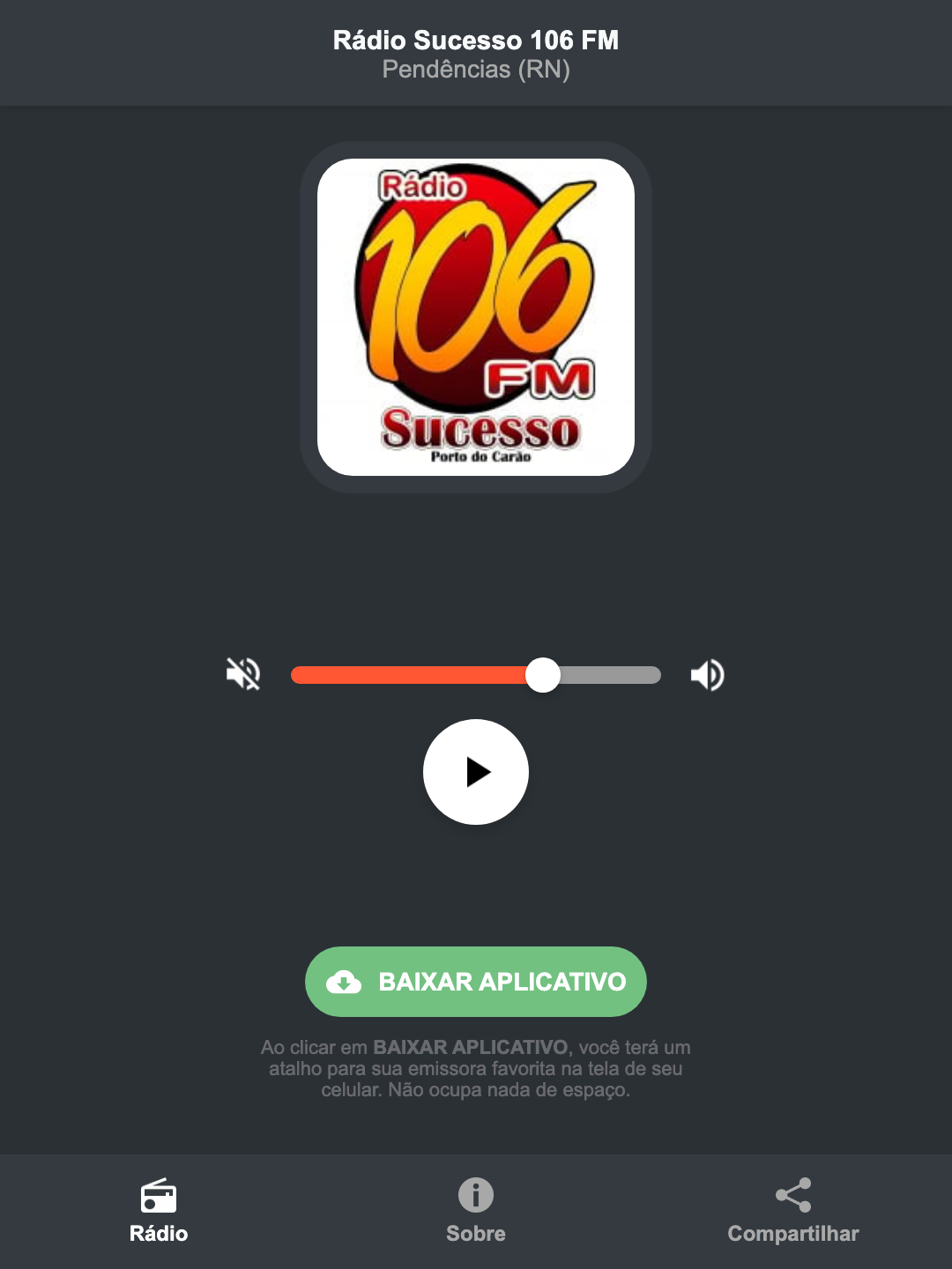 Screenshot do aplicativo da Rádio Sucesso 106 FM