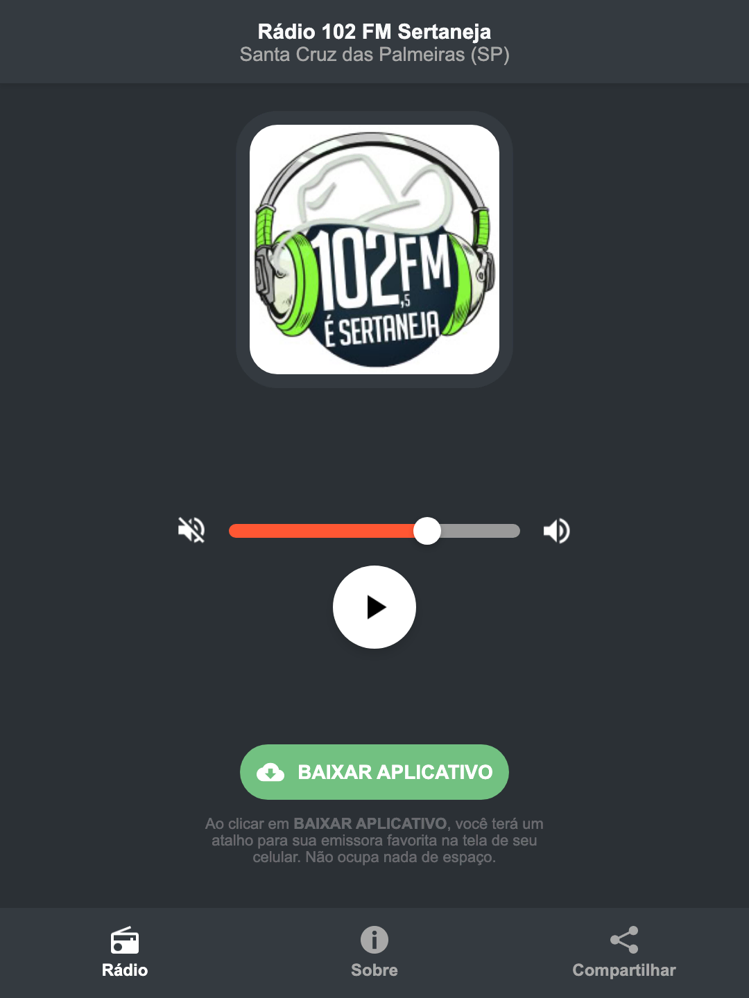 Screenshot do aplicativo da Rádio 102 FM Sertaneja
