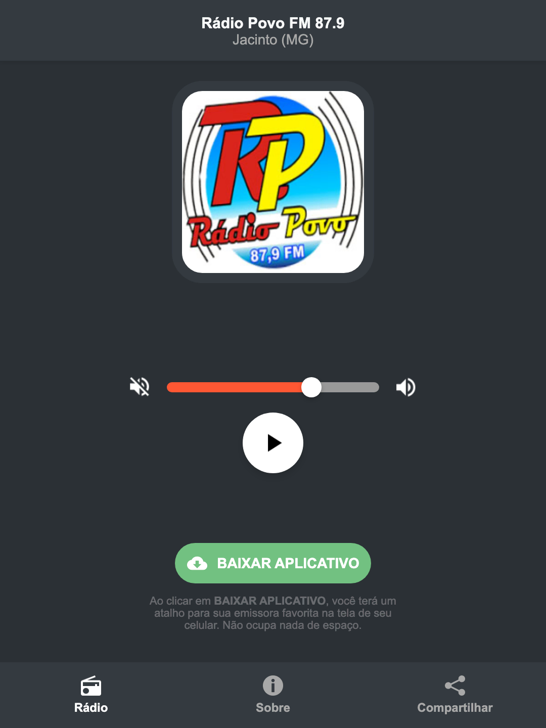 Screenshot do aplicativo da Rádio Povo FM 87.9