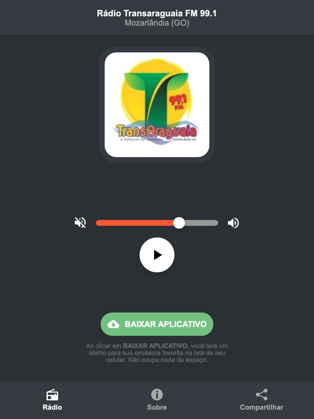 Screenshot do aplicativo da Rádio Transaraguaia FM 99.1