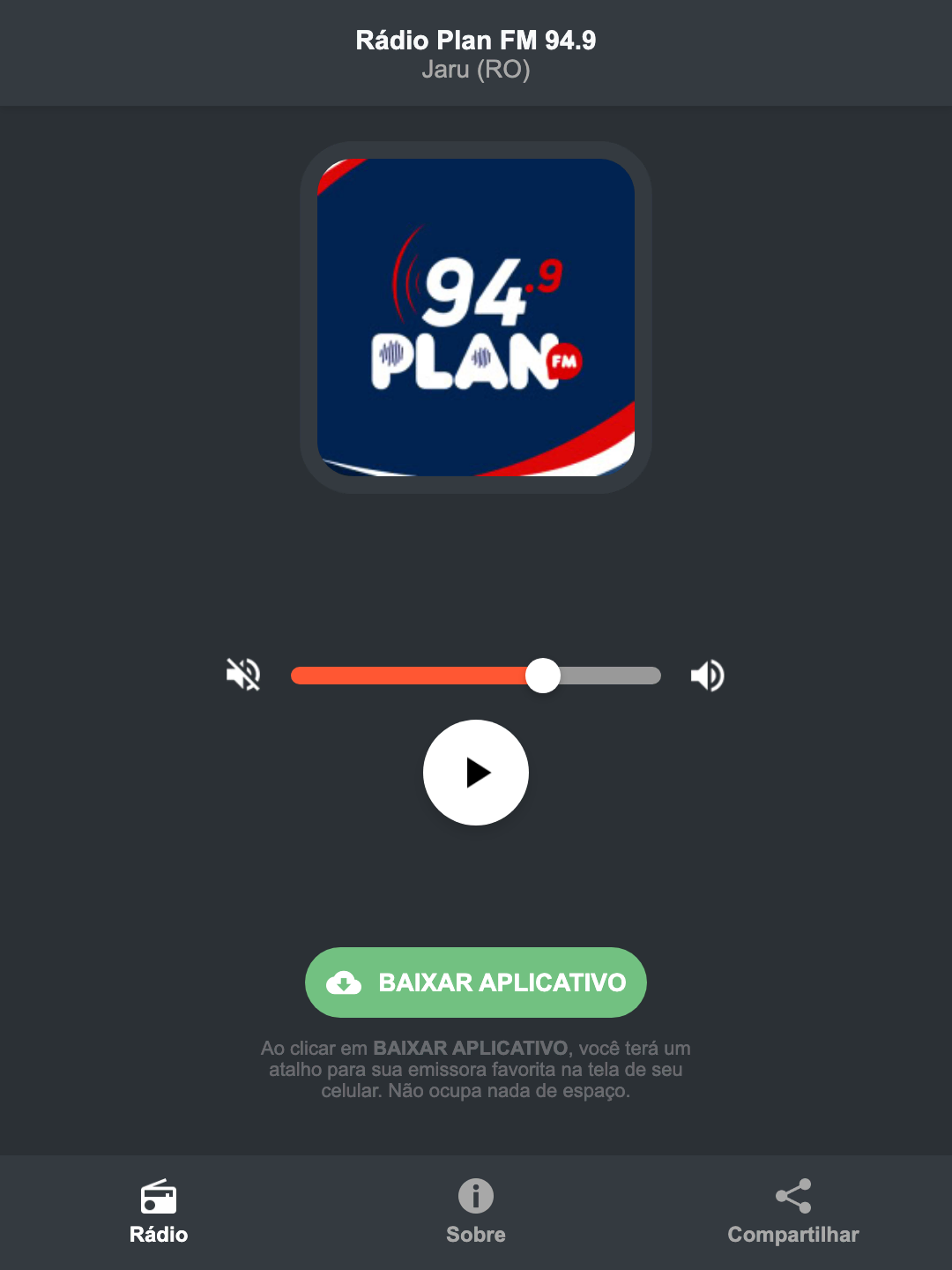 Screenshot do aplicativo da Rádio Plan FM 94.9