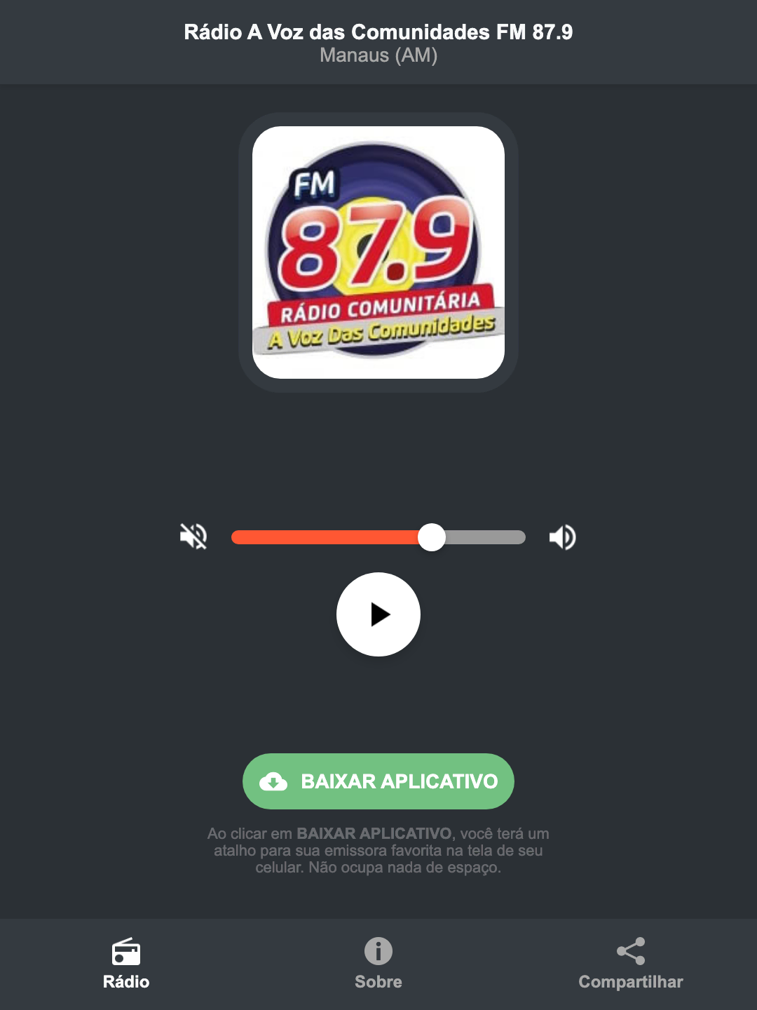 Screenshot do aplicativo da Rádio A Voz das Comunidades FM 87.9
