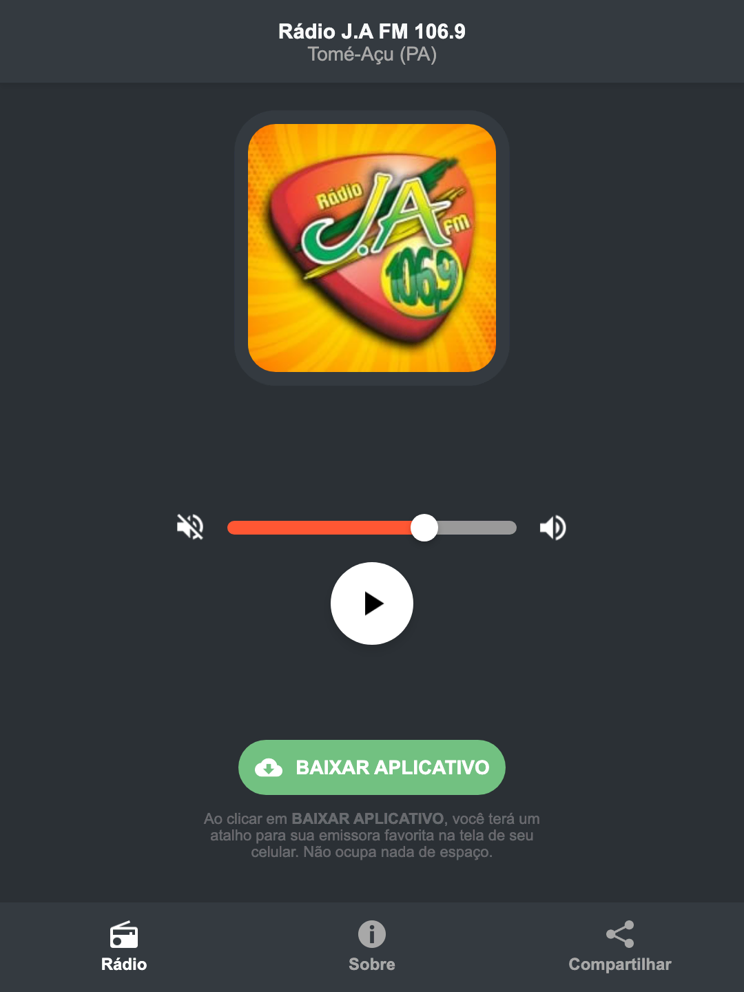 Screenshot do aplicativo da Rádio J.A FM 106.9
