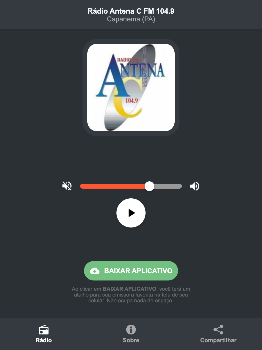 Screenshot do aplicativo da Rádio Antena C FM 104.9