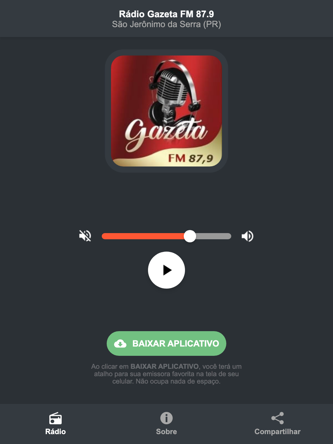 Screenshot do aplicativo da Rádio Gazeta FM 87.9