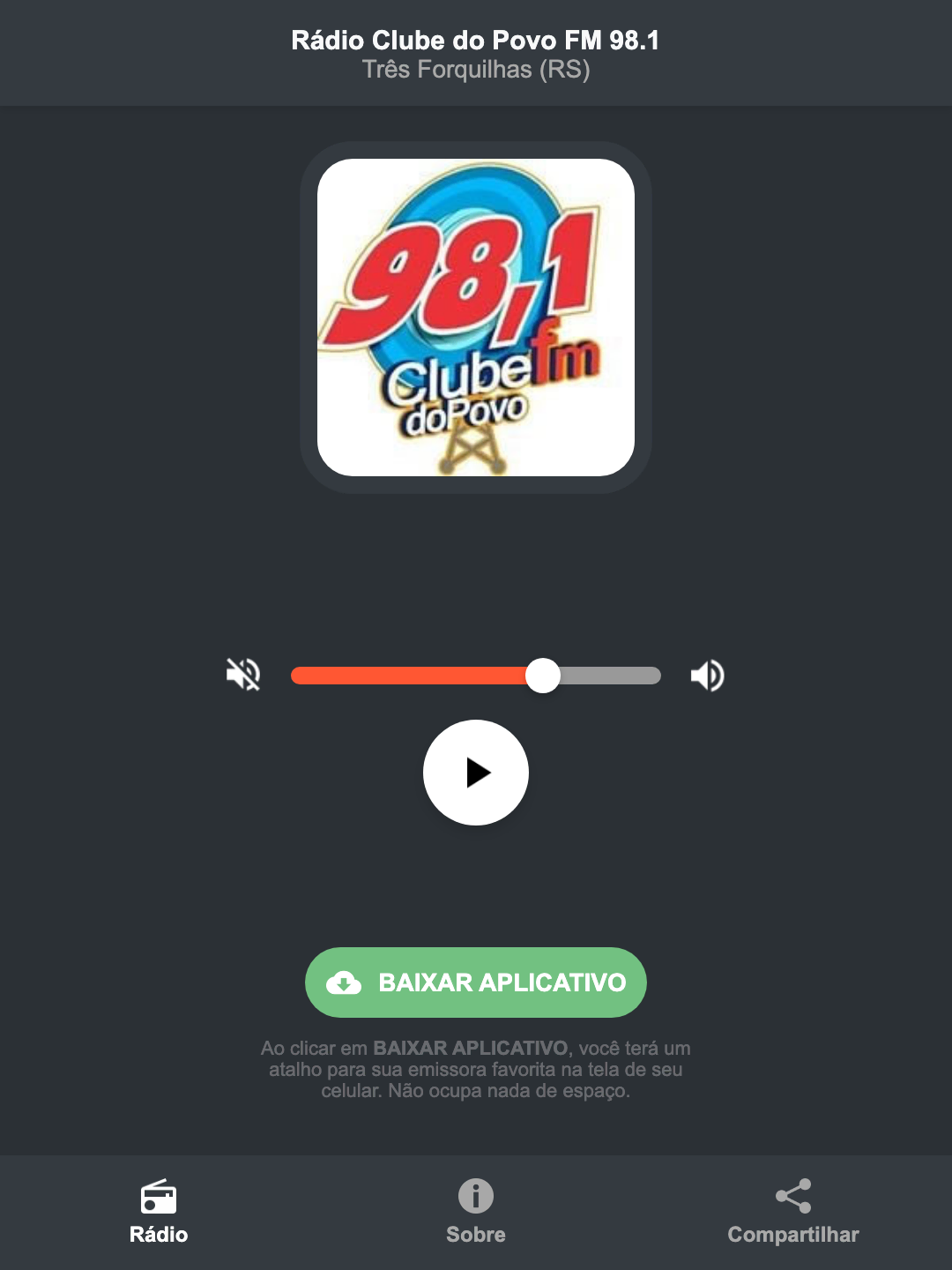 Screenshot do aplicativo da Rádio Clube do Povo FM 98.1