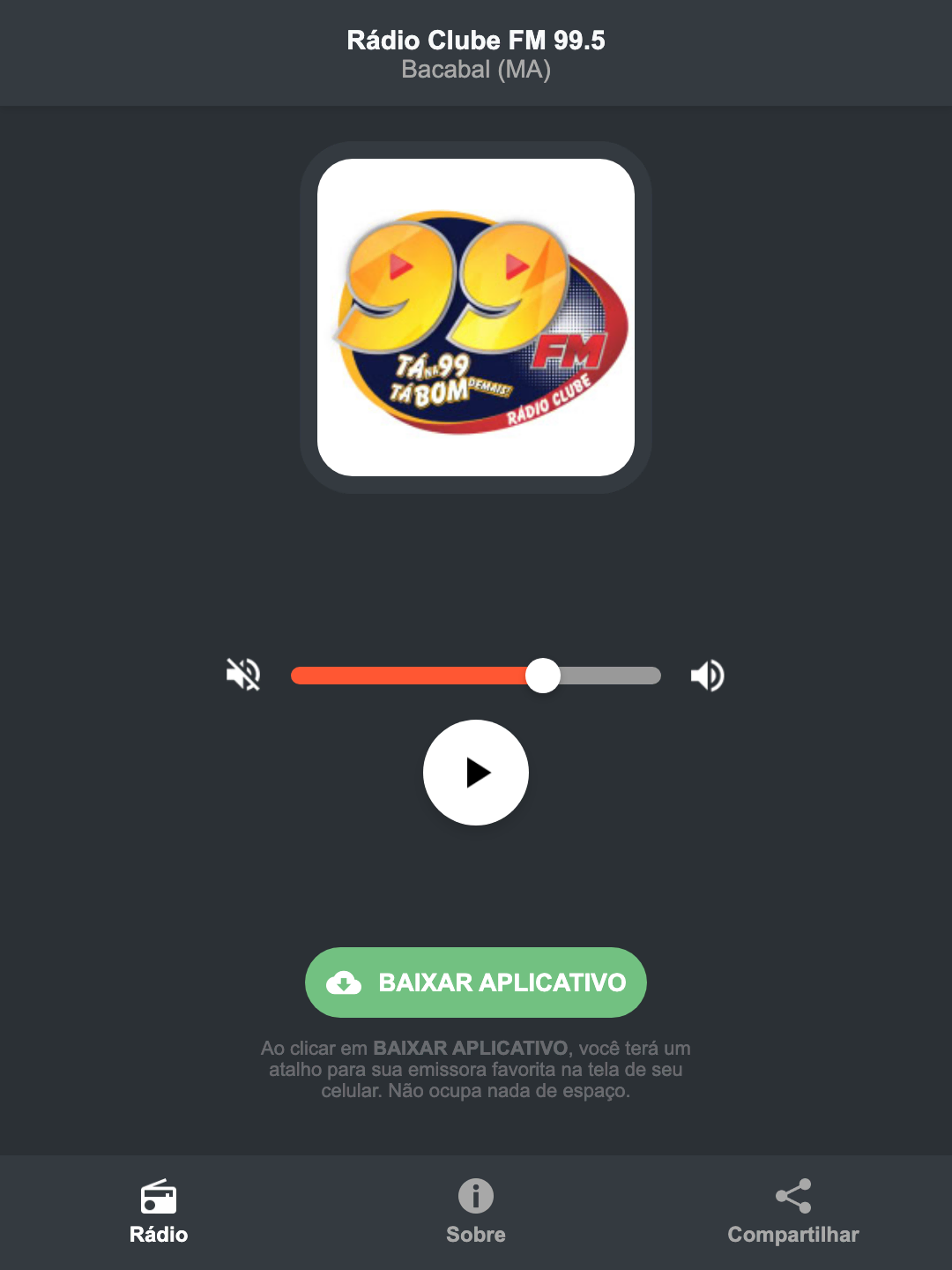 Screenshot do aplicativo da Rádio Clube FM 99.5