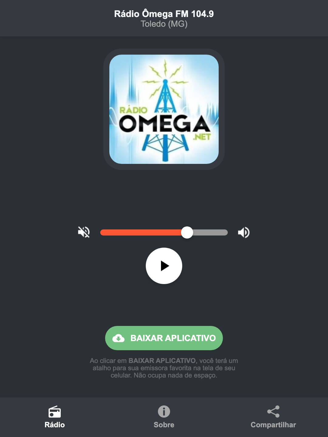 Screenshot do aplicativo da Rádio Ômega FM 104.9
