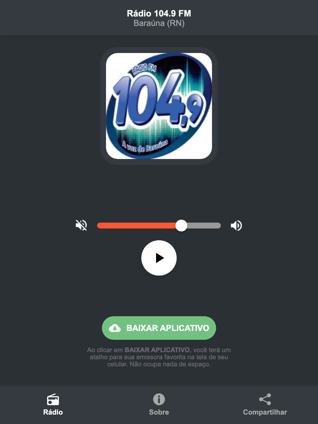 Screenshot do aplicativo da Rádio 104.9 FM