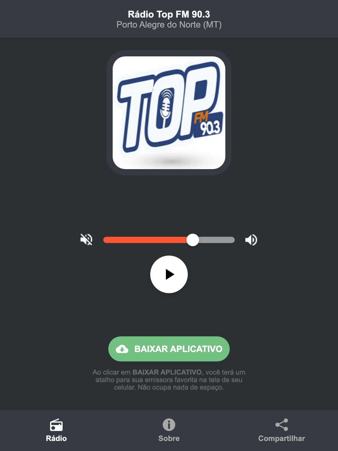 Screenshot do aplicativo da Rádio Top FM 90.3