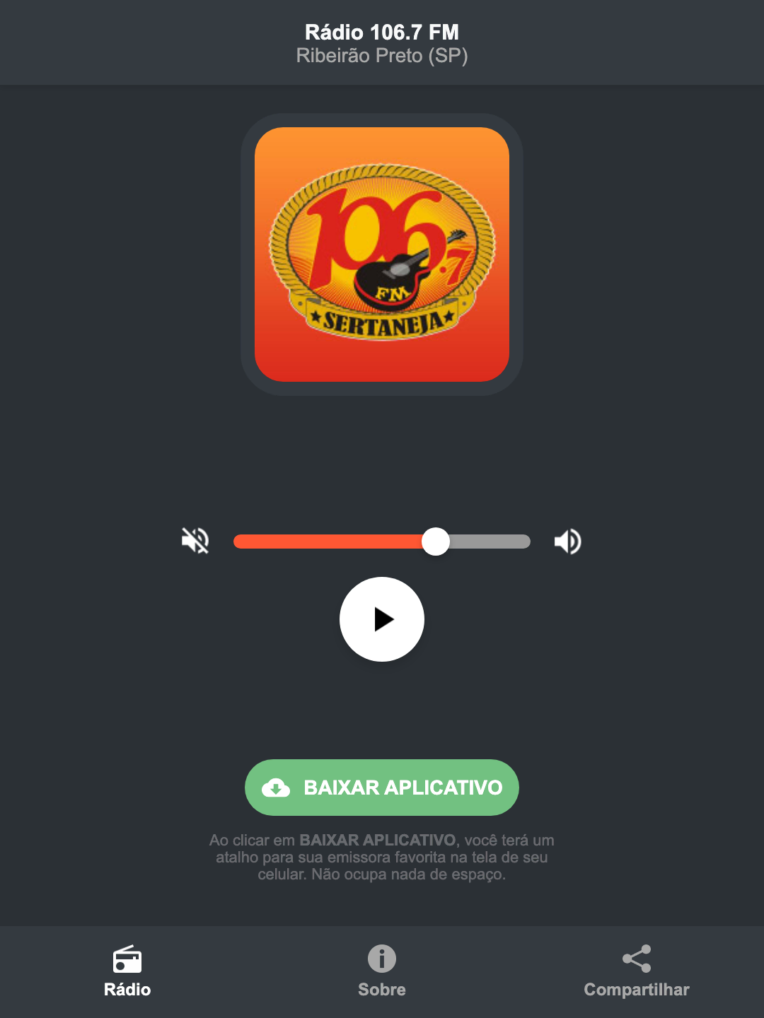 Screenshot do aplicativo da Rádio 106.7 FM