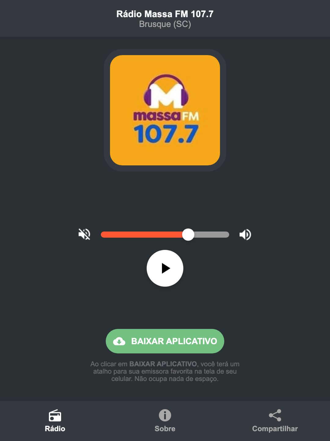 Screenshot do aplicativo da Rádio Massa FM 107.7