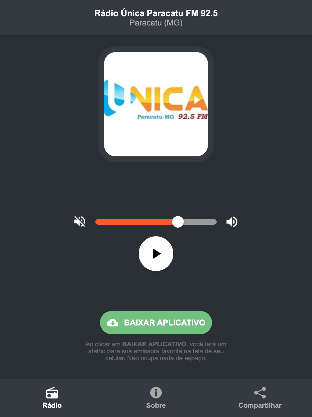Screenshot do aplicativo da Rádio Única Paracatu FM 92.5