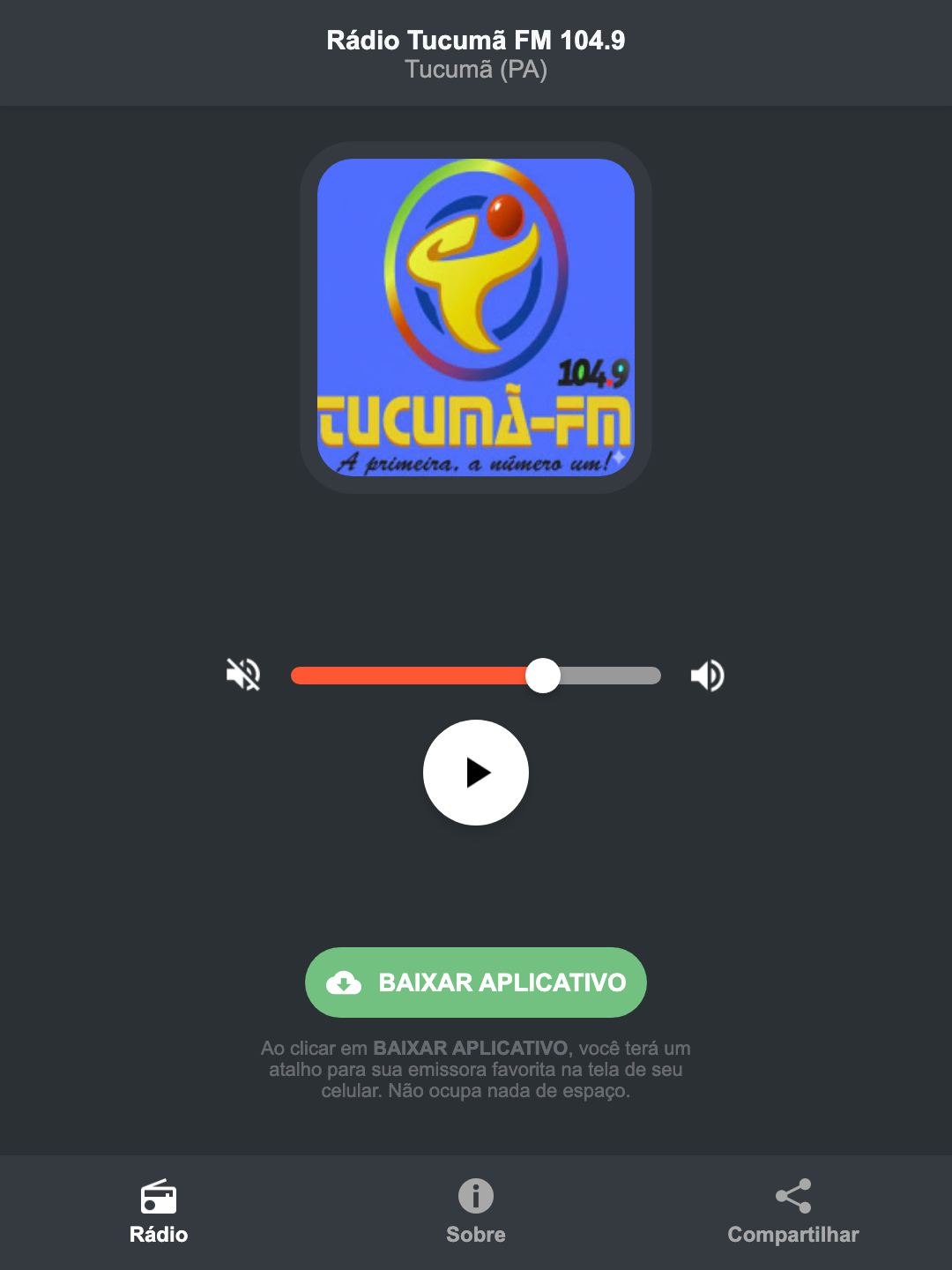 Screenshot do aplicativo da Rádio Tucumã FM 104.9