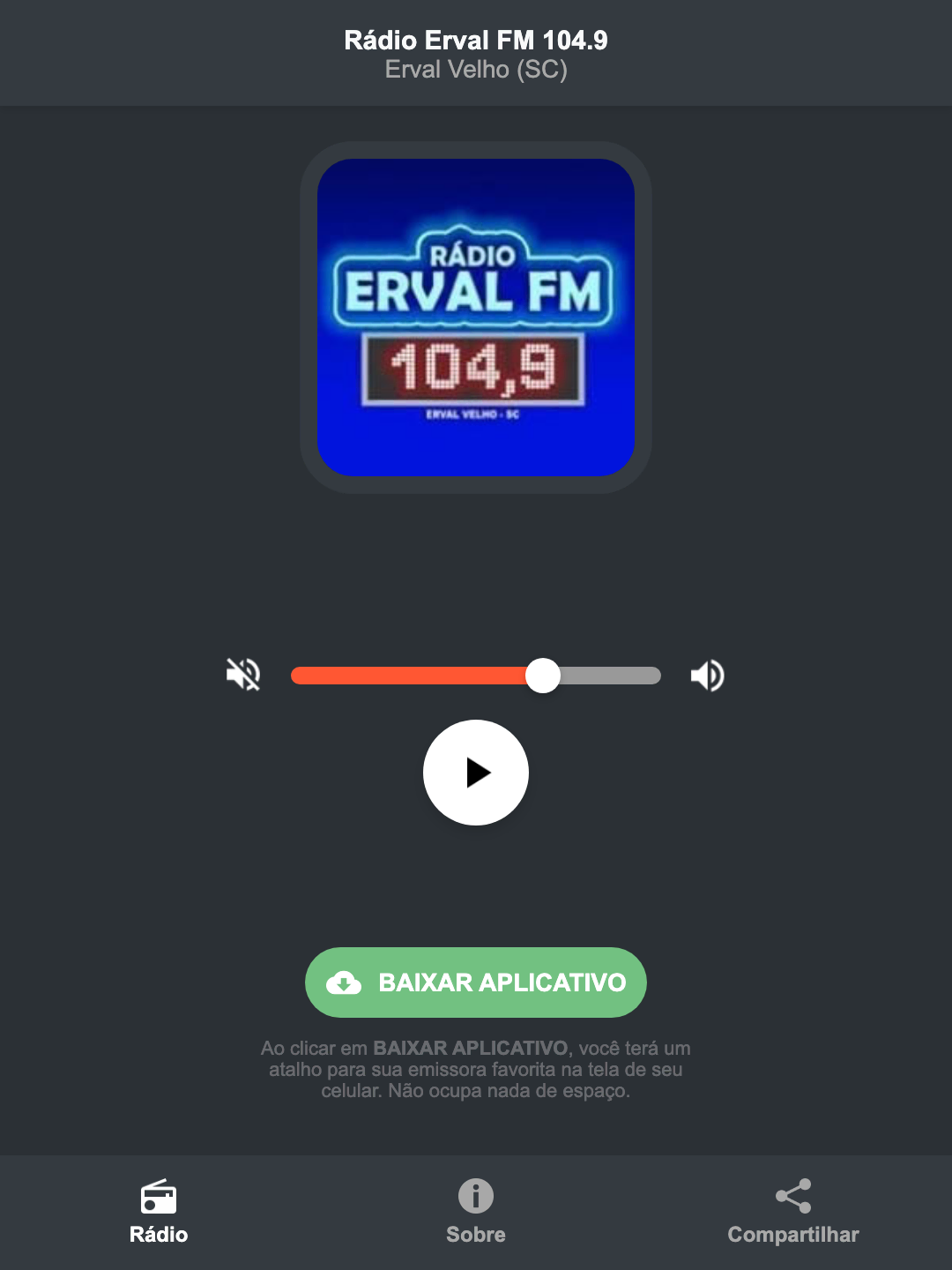 Screenshot do aplicativo da Rádio Erval FM 104.9