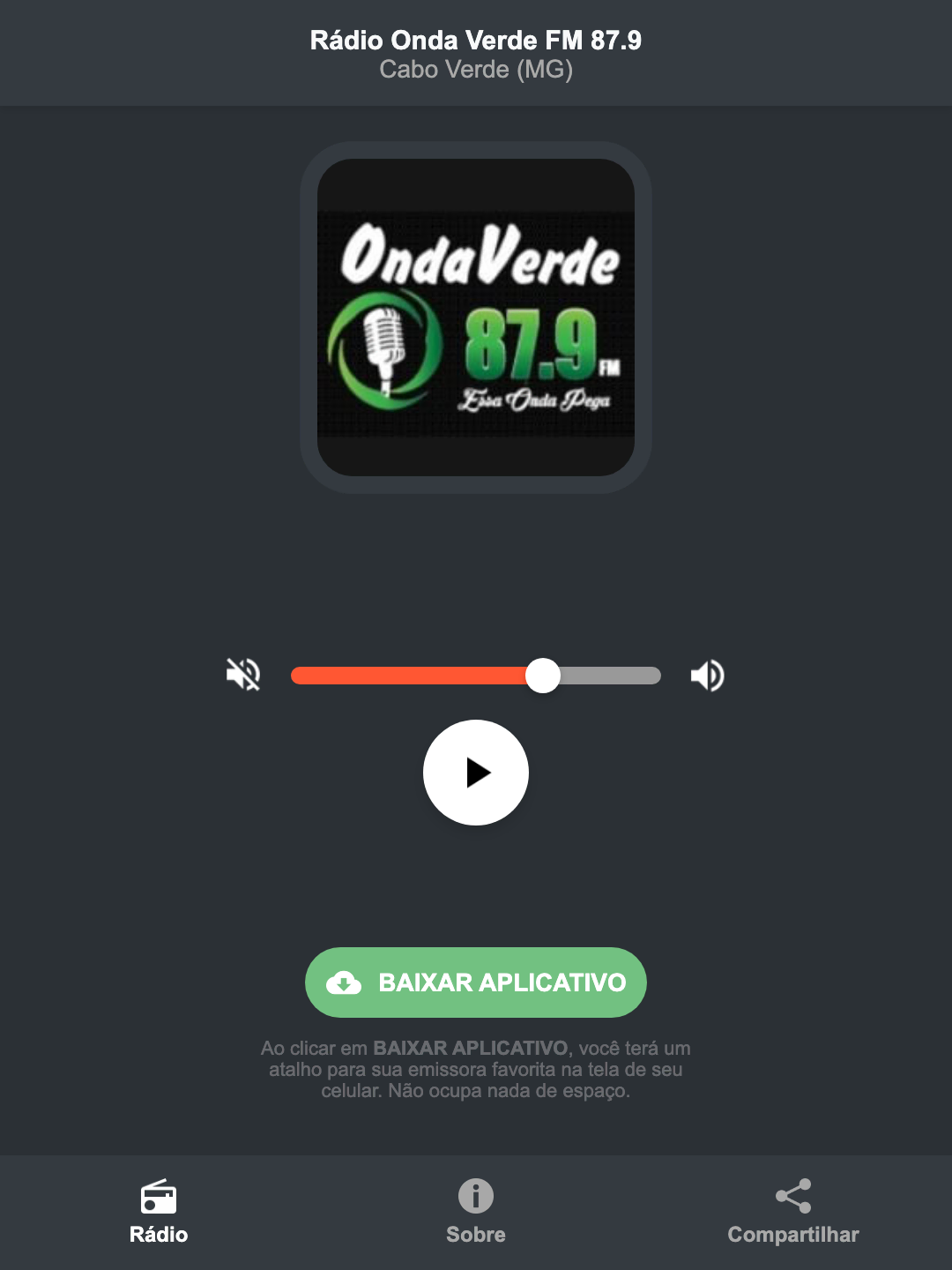 Screenshot do aplicativo da Rádio Onda Verde FM 87.9