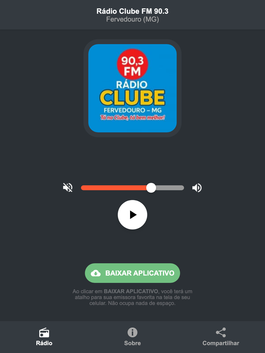 Screenshot do aplicativo da Rádio Clube FM 90.3