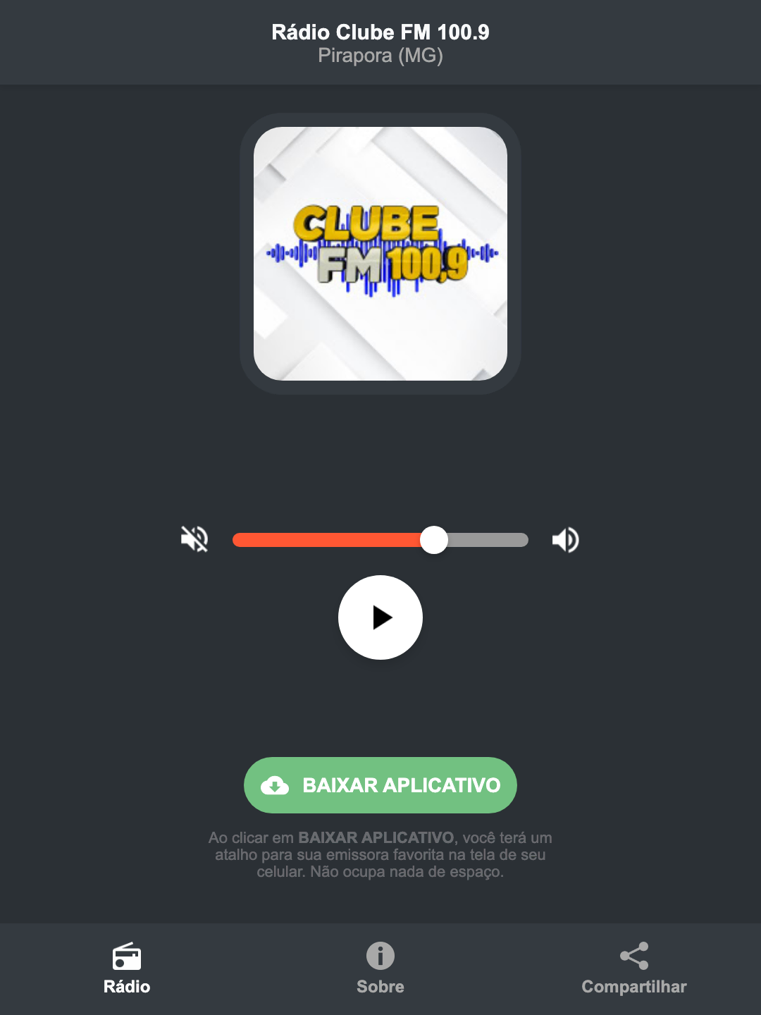 Screenshot do aplicativo da Rádio Clube FM 100.9