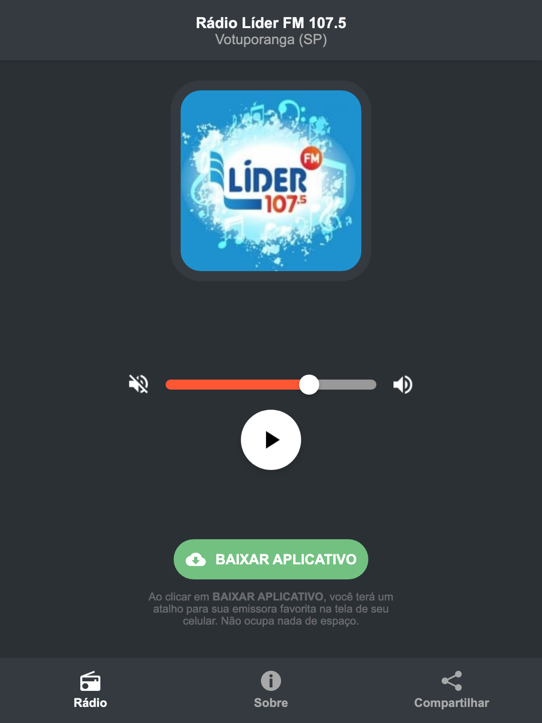 Screenshot do aplicativo da Rádio Líder FM 107.5