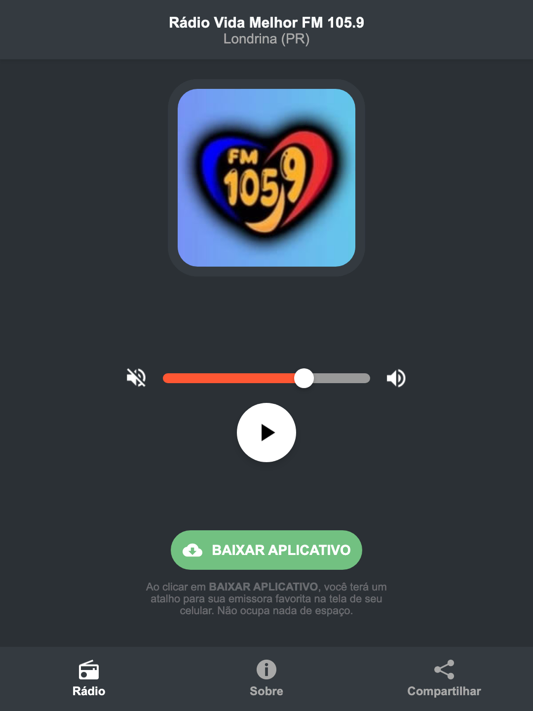Screenshot do aplicativo da Rádio Vida Melhor FM 105.9