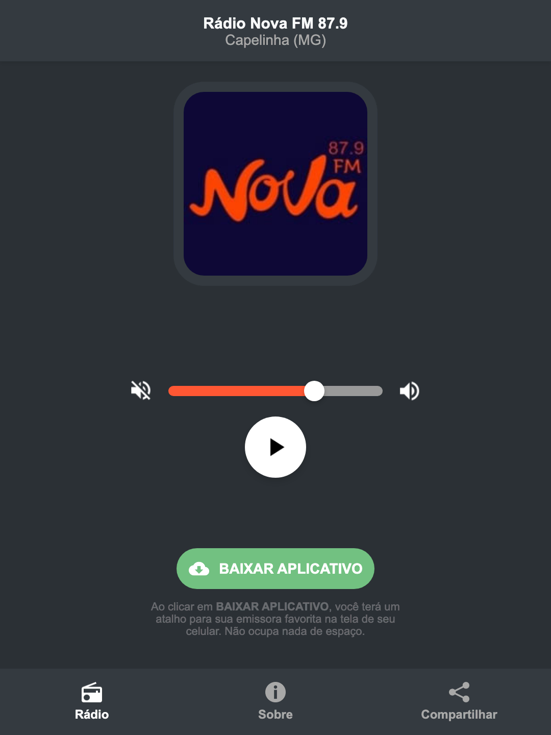 Screenshot do aplicativo da Rádio Nova FM 87.9