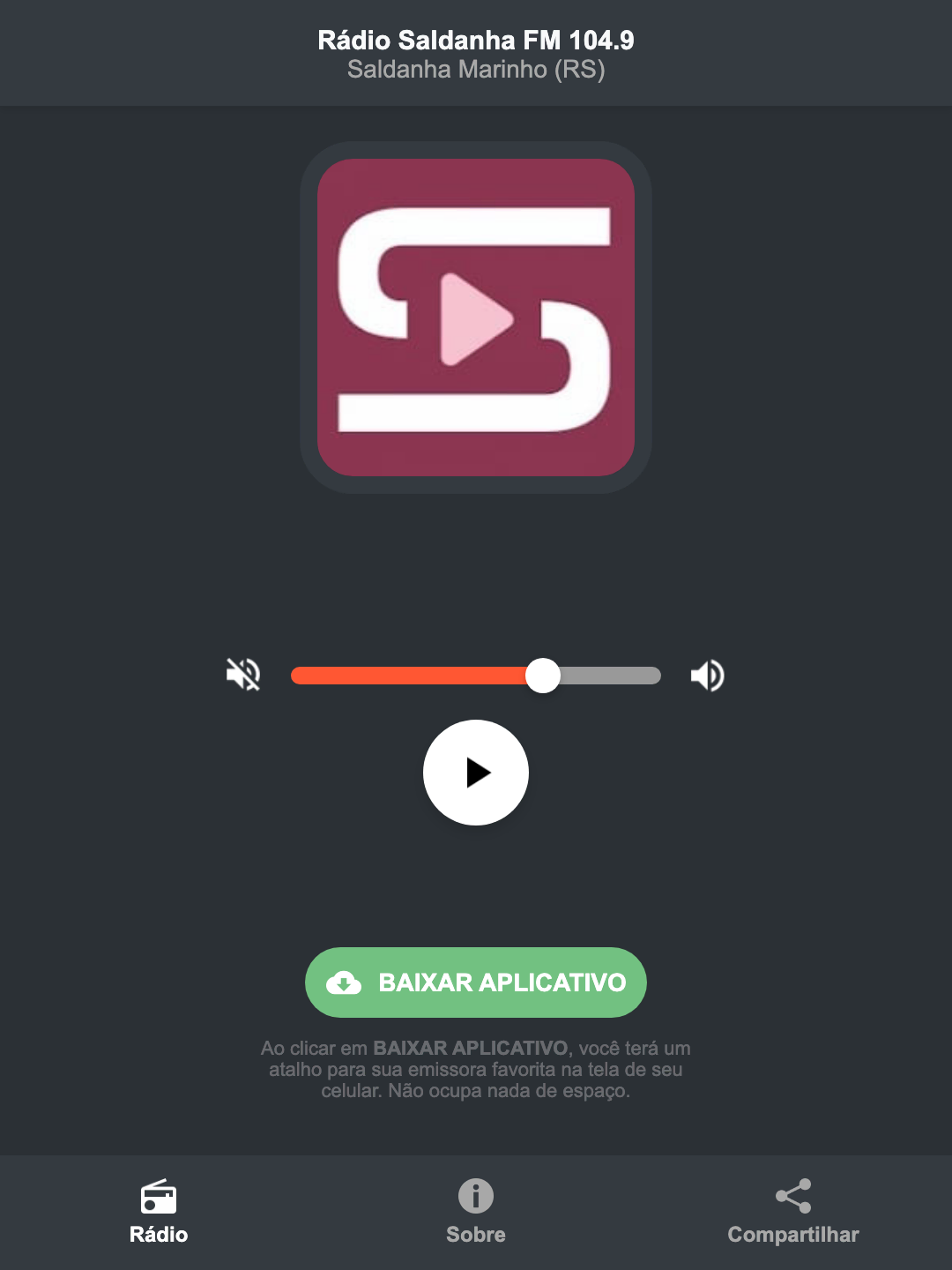 Screenshot do aplicativo da Rádio Saldanha FM 104.9