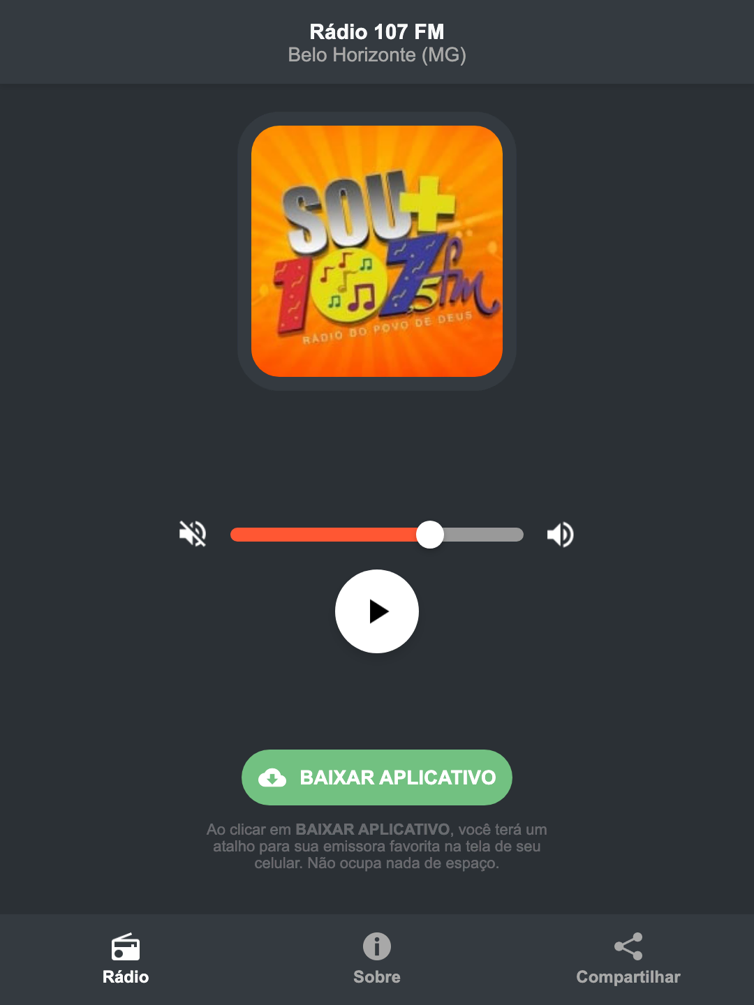 Screenshot do aplicativo da Rádio 107 FM