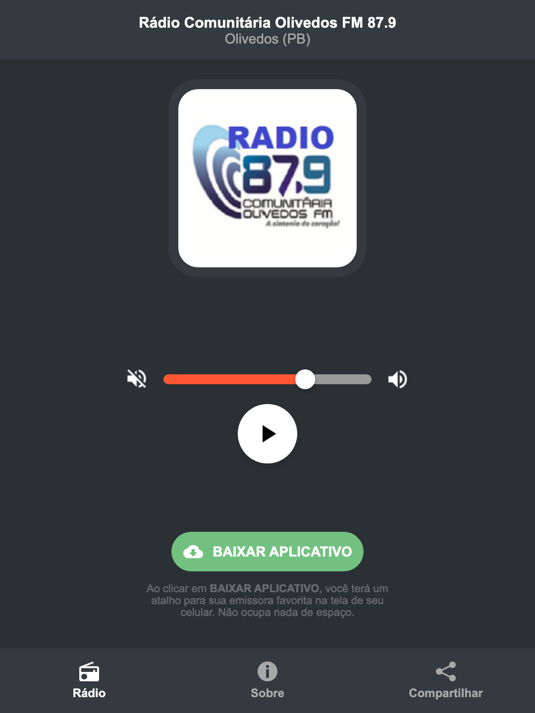 Screenshot do aplicativo da Rádio Comunitária Olivedos FM 87.9