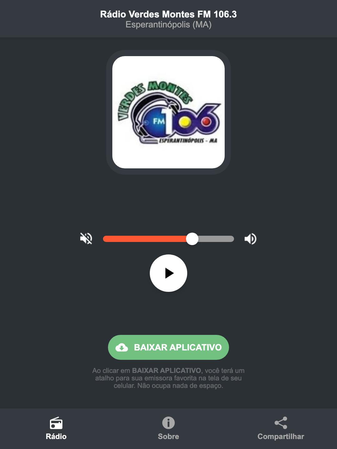 Screenshot do aplicativo da Rádio Verdes Montes FM 106.3